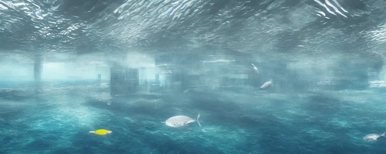 Prompt: Underwater office building, cubicles, cracked window, sea life outside, whale, sun beaming through the clear blue water, trending on artstation