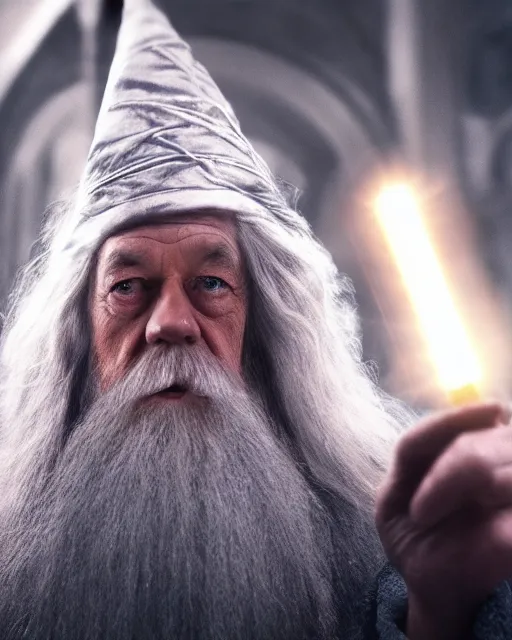 Prompt: gandalf wearing a wizard hat, stacking supermarket shelves, cinematic lighting, gloomy, depressing