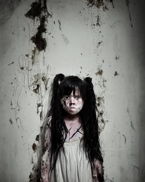 Prompt: an amazing award winning photo of a creepy little girl wearing a dirty white dress with long wet black hair covering her face standing in a filthy room in an abandoned old asylum, photo by mario testino, 8k octane render, cinematic, hyper detailed, micro details, insanely detailed, trending on artstation, concept art