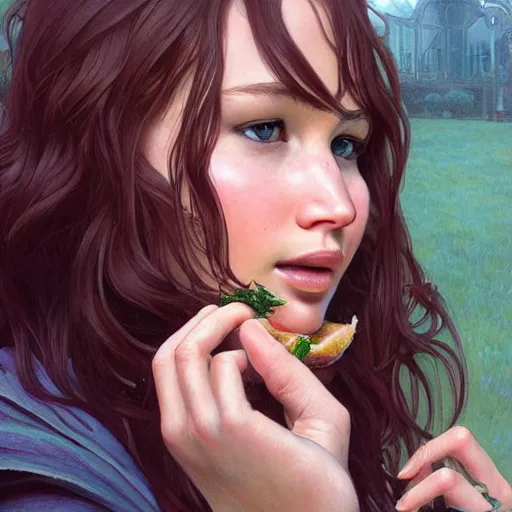 Prompt: an attractive young female eating a sandwich, jennifer lawrence, olive skin, long dark hair, beautiful bone structure, intricate, elegant, highly detailed, digital painting, artstation, concept art, smooth, sharp focus, illustration, art by artgerm and greg rutkowski and alphonse mucha