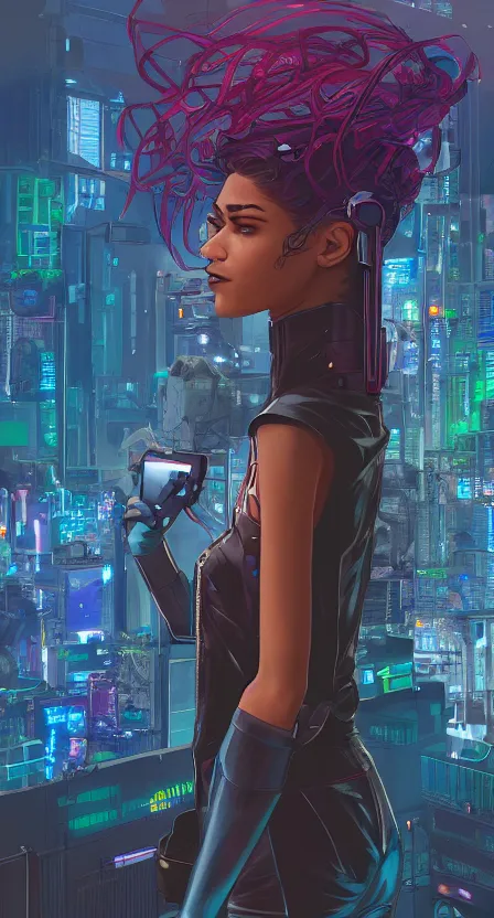 Prompt: zendaya as a cyberpunk hero standing on the rooftop of cybertown, art poster, full body, t - pose, character design, ambient lighting, 4 k, lois van baarle, ilya kuvshinov, rossdraws, alphonse mucha, jung gi kim, dylan kowalsk, artstation