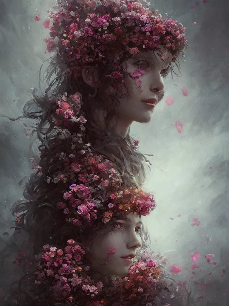 Image similar to a beautiful terrifying girl made of flowers. ethereal horror fantasy art by greg rutkowski and magali villanueve and monet, concept art, smooth, cinematic lighting, 8 k resolution