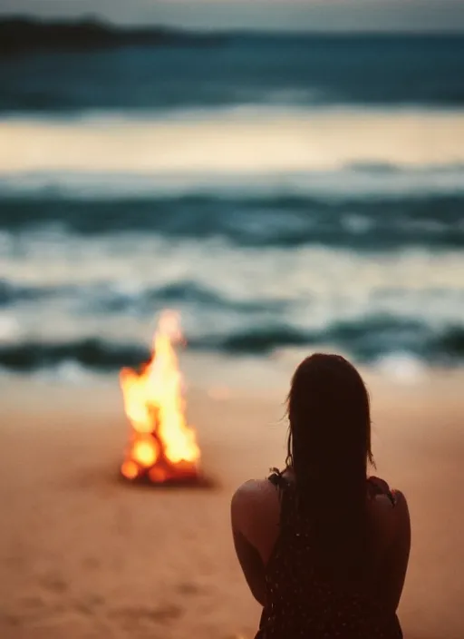 Image similar to a 3 5 mm photo from the back of a woman watching a bonfire on the beach, splash art, movie still, bokeh, canon 5 0 mm, cinematic lighting, dramatic, film, photography, golden hour, depth of field, award - winning, anamorphic lens flare, 8 k, hyper detailed, 3 5 mm film grain