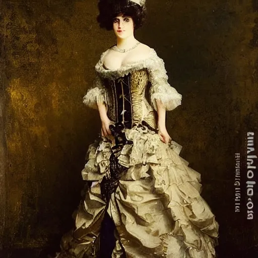 Image similar to young lady in a steampunk ballroom dress by alfred stevens