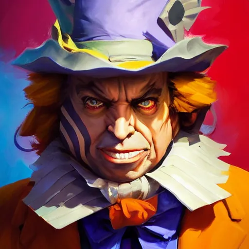 Image similar to greg manchess portrait painting of partially armored mad hatter from alice in wonderland as overwatch character, wacky, medium shot, asymmetrical, profile picture, organic painting, sunny day, matte painting, bold shapes, hard edges, street art, trending on artstation, by huang guangjian and gil elvgren and jesper ejsing