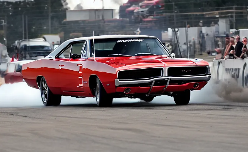 Image similar to a 1 9 6 8 dodge charger r / t drifting, explosion in the background