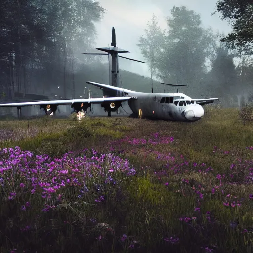 Image similar to a flower growing in battlefield 4 with a lockheed hc - 1 3 0 by simon stalenhag and robbert sammelin and eric persson, 4 k, hd wallpaper, hdr, tonemapping, detailed, atmospheric, majestical lighting, saturated, wet