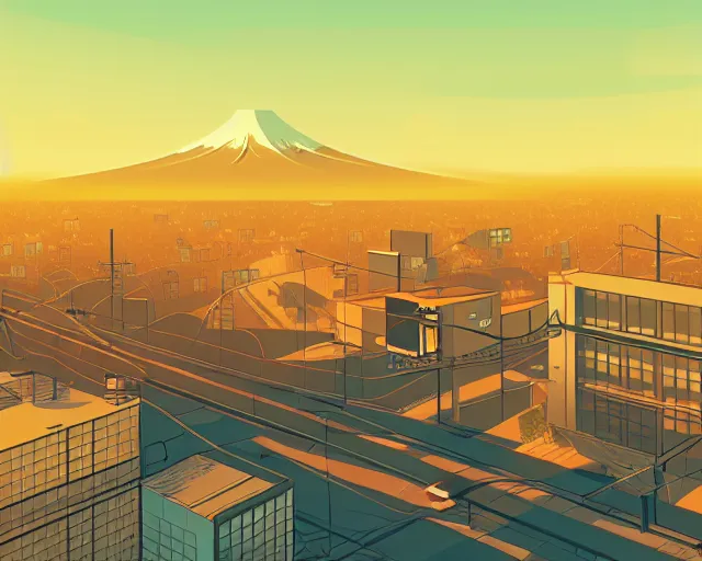 Prompt: tokyo suburb inspired by phillipe stark, art by mike winkelmann, golden hour, illustration, highly detailed, simple, smooth and clean vector curves, no jagged lines, vector art, smooth, artstation