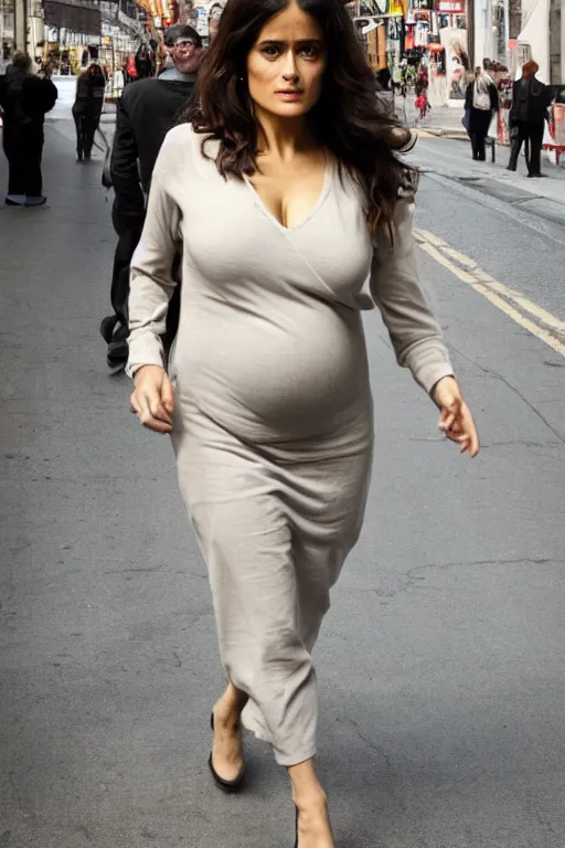 Prompt: salma hayek pregnant walking down the street, portrait realistic photograph, very detailed face