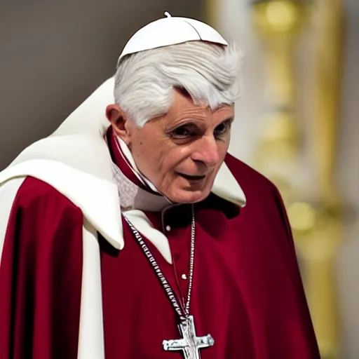 Image similar to pope benedict wearing sith cloak as chancelor palpatine in star wars episode 3, 8 k resolution, cinematic lighting, anatomically correct