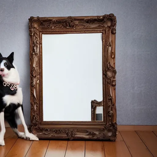 Prompt: dog barking at mirror, studio photography