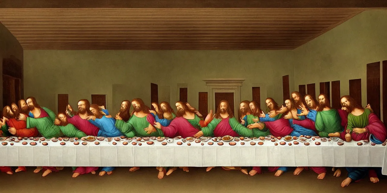 Image similar to the last supper iconic image long table big family style diner in the artistic style of surreal cat iconography but replace cast with little green aliens like the ones from tv and movies
