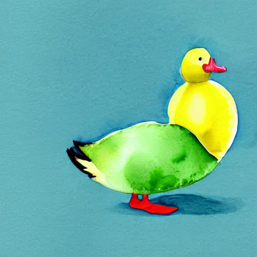 Prompt: watercolor yellow duck with party horn, cute illustration by claudia gadotti