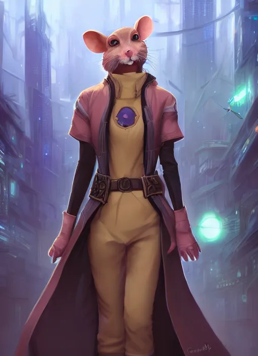 Prompt: commission of a beautiful portrait of a female anthro rat fursona wearing jedi robes in a forested cyberpunk city. character design by charlie bowater, ross tran, artgerm, and makoto shinkai, detailed, soft lighting, rendered in octane