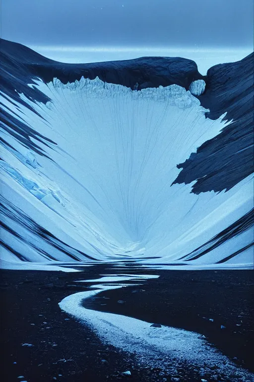 Prompt: emissary edge of a glacier in iceland by arthur haas and bruce pennington and john schoenherr, cinematic matte painting, zaha hadid building, photo realism, dark moody color palate, blue hour stars, desolate glacial landscape,