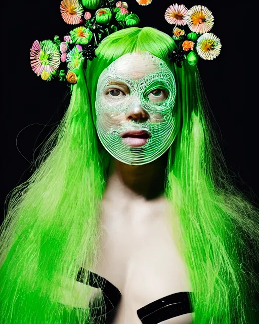 Image similar to symmetrical close - up portrait of a woman wearing a translucent silicone beauty mask and green hair, wearing a black bodysuit by alexander mcqueen, standing in a garden full of plastic translucent flowers, black background, soft diffused light, biotechnology, humanoide robot, bjork aesthetic, translucent, by rineke dijkstra, intricate details, highly detailed, masterpiece,