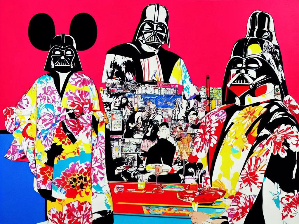 Image similar to hyperrealistic composition, in the middle a woman in a japanese kimono, behind her stands darth vader, in front of her a table from the casino, in the background is mount fuji and fireworks, pop - art style, jacky tsai style, andy warhol style, acrylic on canvas