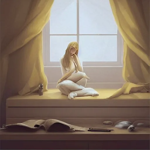 Image similar to cream - colored studio, vanilla - colored lighting, soft golden light, marble studio, marble floor, yellow lighting, bare room, empty room, studio room, art room, window to night time, night time, warm lighting inside, art by artgerm