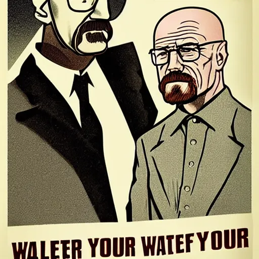 Prompt: Walter White depicted in an old style propaganda poster