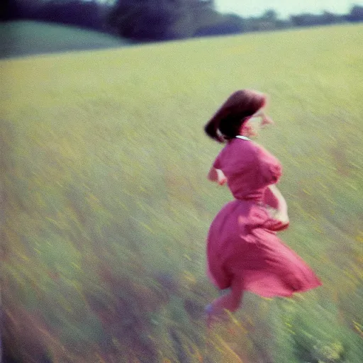 Image similar to kodachrome photo of a girl running through a field, in a dress, vintage, faded image, color bleed, grainy, motion blur, 1960s, 1950s