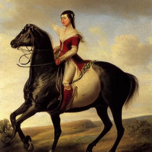 Prompt: woman riding a horse, 1 8 3 2, painting by karl bryullov