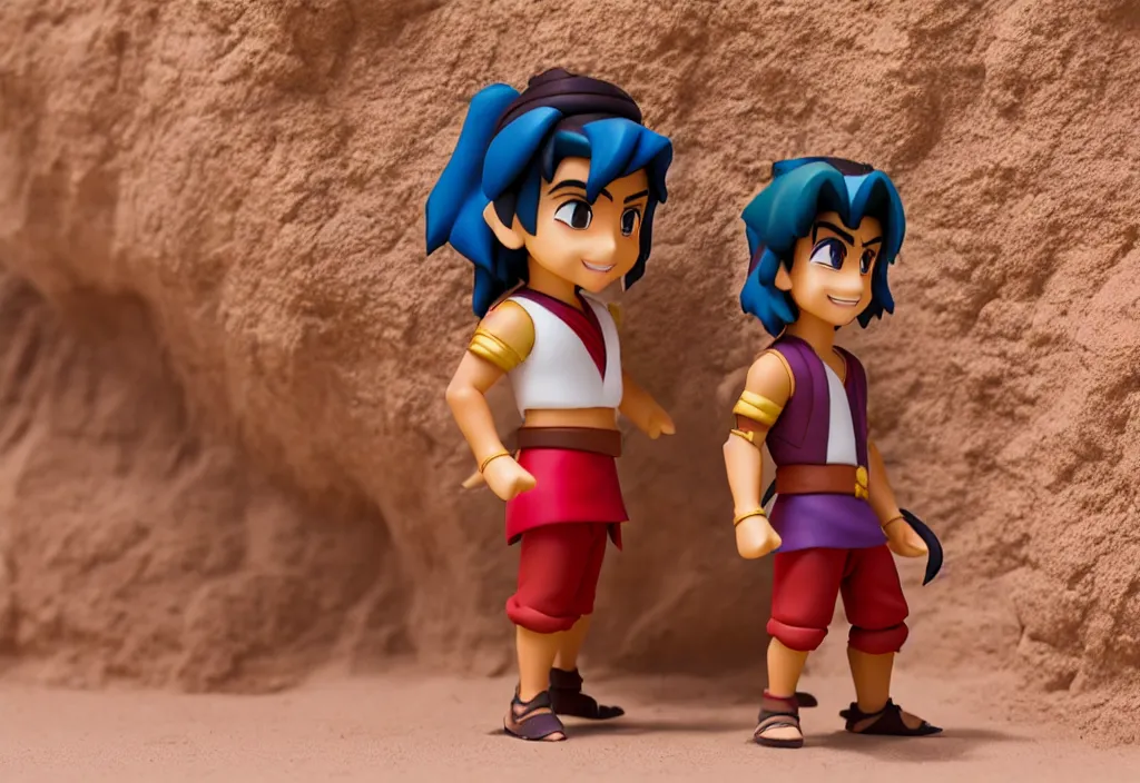 Image similar to side view of young aladdin of disney movie as nendoroid running in desert village, 8 k hd dof, kodak film,