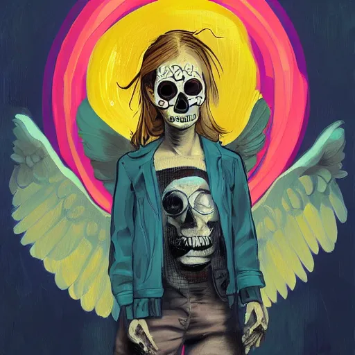 Prompt: a portrait of a girl skull face, angelic, angel, halo, in the style of banksy, van gogh, atey ghailan, vibrant colors and hard shadows and strong rim light, lucien freud, comic cover art, trending on artstation