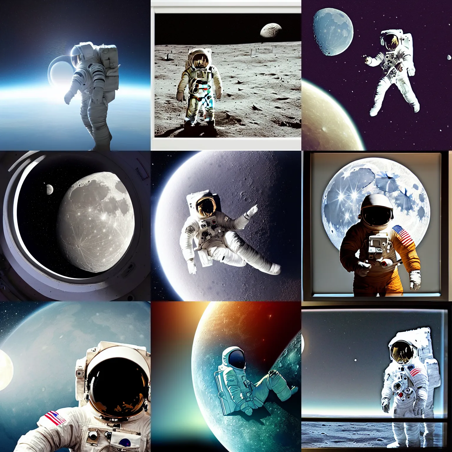Prompt: an astronaut staring at a moon that has been framed in glass