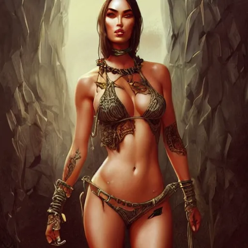 Image similar to portrait of megan fox, muscular upper body, slave collar, bikini, fantasy, intricate, elegant, highly detailed, digital painting, artstation, concept art, matte, sharp focus, illustration, art by aenaluck and roberto ferri and greg rutkowski, epic fantasy, digital painting