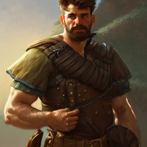 Image similar to portrait of a young rugged ranger, muscular, upper body, hairy thighs, D&D, fantasy, intricate, cinematic lighting, highly detailed, digital painting, artstation, concept art, smooth, sharp focus, illustration, art by Artgerm and Greg Rutkowski and Alphonse Mucha