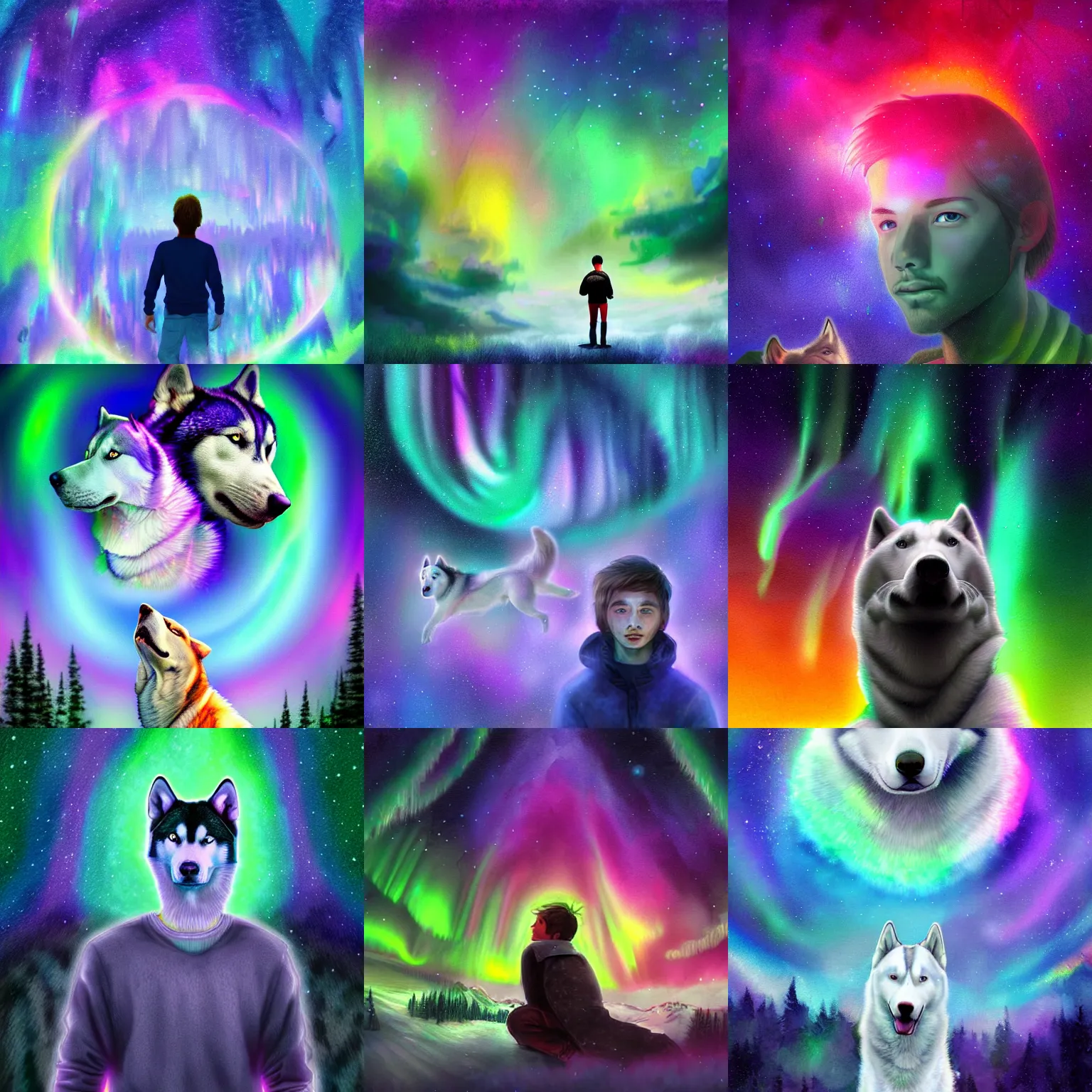 Prompt: young human male surrounded by an aura of emotions with huskies floating above him, rich iridescent colors, digital art, very detailed, watercolor, aurora borealis, 4 k hd