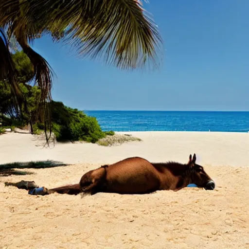 Image similar to A donkey lying on a sunbed near the beach, photorealistic