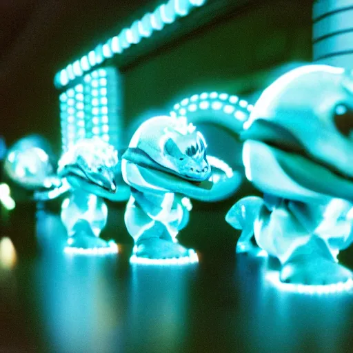 Image similar to chibi style electric blue scaled glowing baby dinosaurs in tron movie, cinestill