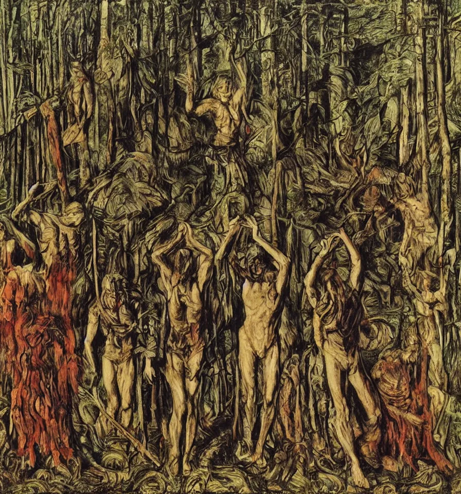 Prompt: a picture of 4 warrior angels lost in a forest painted by akseli gallen and ernst fuchs