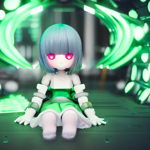 Image similar to cute fumo plush of a girl with prosthetic mechanical arms, green velvet dress, glowing dataglyphs, bokeh, cyberpunk anime girl, vray