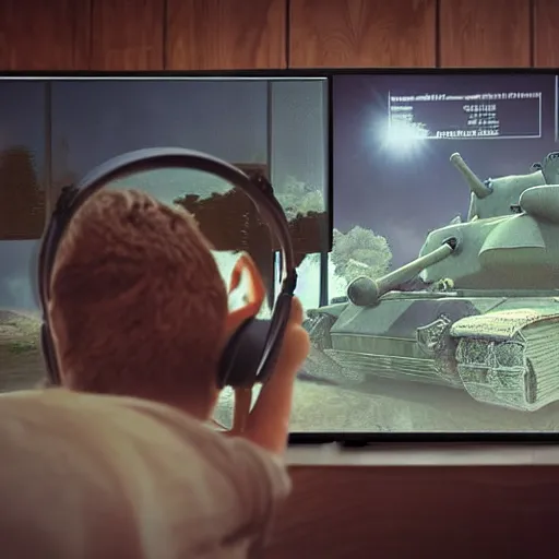 Prompt: view from behind from bed of a cute fluffy caracal wearing headset watching big tv displaying world of tanks, intricate detail, cinematic composition