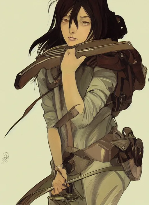 Prompt: Mikasa Ackerman, concept art, smooth matte, focused, illustration art style by Ian Spriggs and Alphonse Mucha