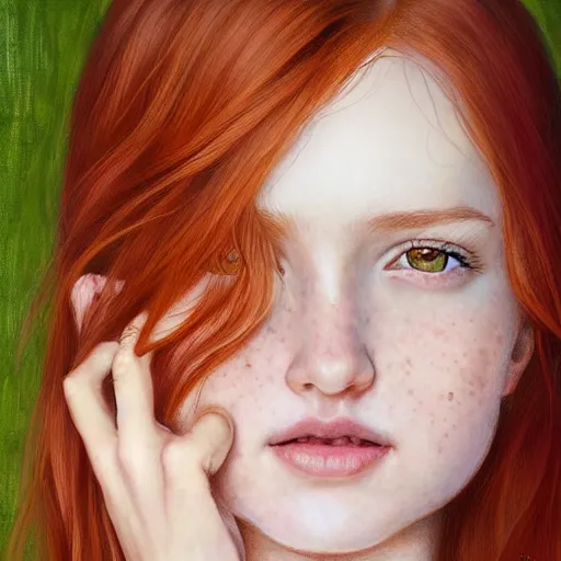 Prompt: highly detailed portrait of a red haired girl, long hair, green eyes, hint of freckles, beautiful round face, soft amazed smiles, among golden fireflies, deep focus, elegant, digital painting, smooth, sharp focus, golden ratio, illustration, ultra realistic, 8 k, art by artgerm and caravaggio