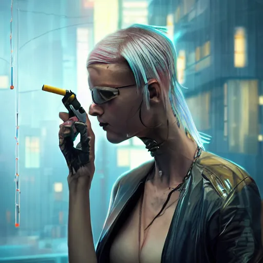 Image similar to cyberpunk woman, cigarette dangling, grenade in hand, by pascal blanche, ultradetailed, 8 k