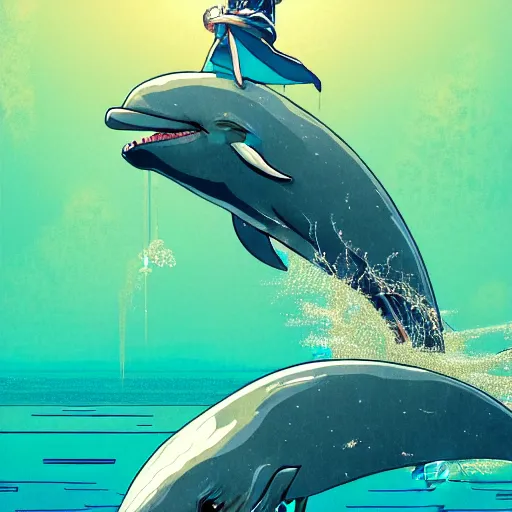 Image similar to a beautiful hyperdetailed character design 4 k wallpaper illustration of a cute dolphin, ciyt by the sea, victo ngai cyberpunk style, from china, style of studio ghibli, makoto shinkai, raphael lacoste, louis comfort tiffany, artgerm, james jean, ross tran, chinese style