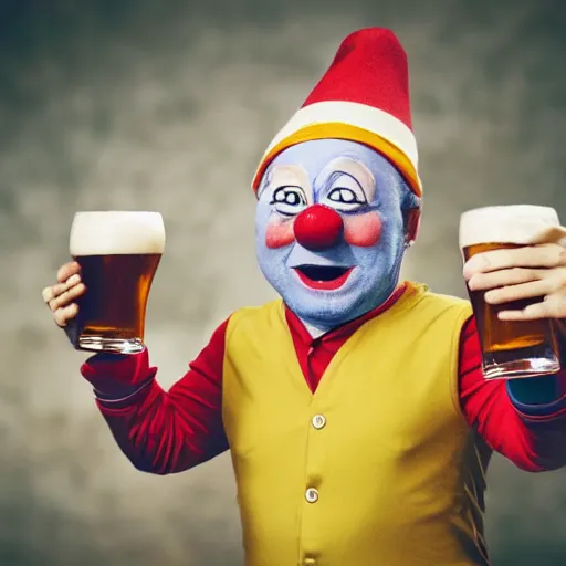 Prompt: silly little grumpy man clown with a beer in front of a soccer match, kodak photo