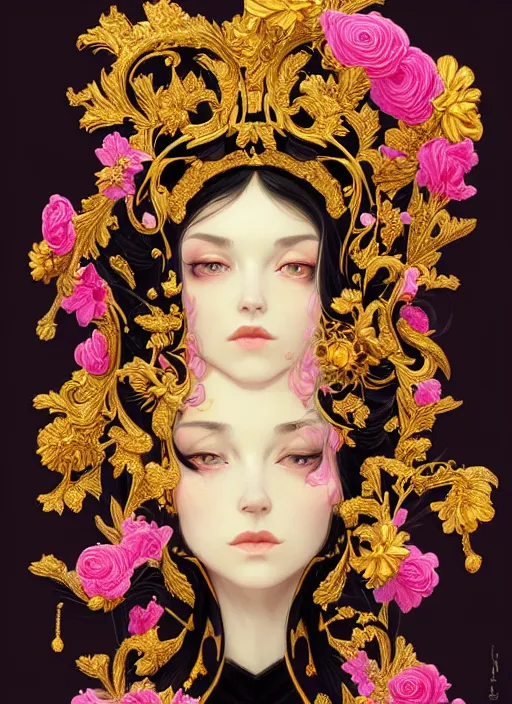 Prompt: beautiful black pink yellow, complicated gold and pink flowers in baroque style headwears, dark fantasy, intricate, elegant, highly detailed, digital painting, artstation, highly saturated colors, concept art, matte, 3 d 8 k octane rendered, sharp focus, illustration, octane rendered, art by artgerm and alphonse mucha, leesha hannigan