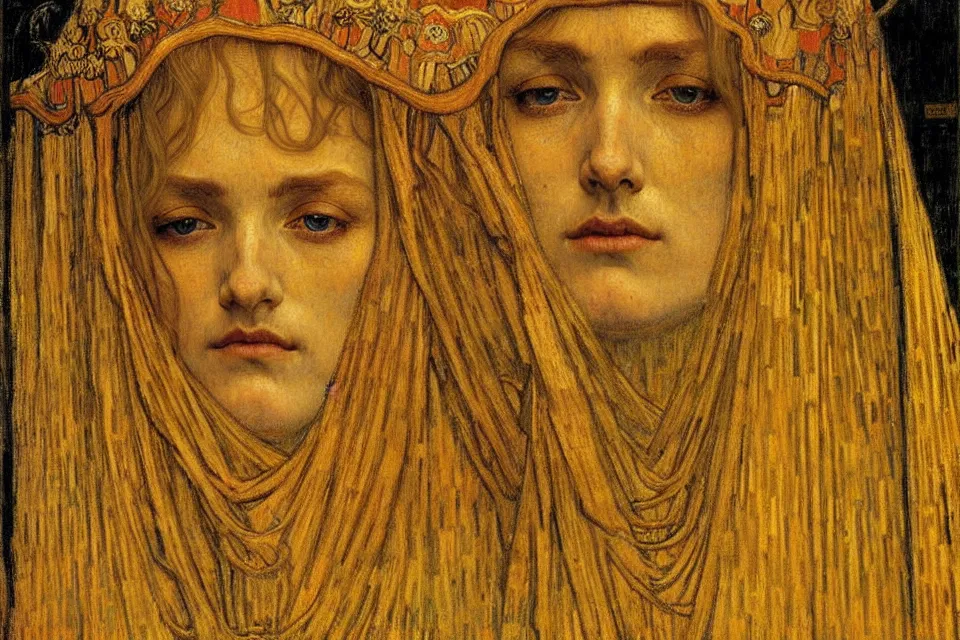 Image similar to detailed realistic beautiful young medieval queen face portrait by jean delville, gustav klimt and vincent van gogh, art nouveau, symbolist, visionary, gothic, pre - raphaelite, muted earthy colors, desaturated