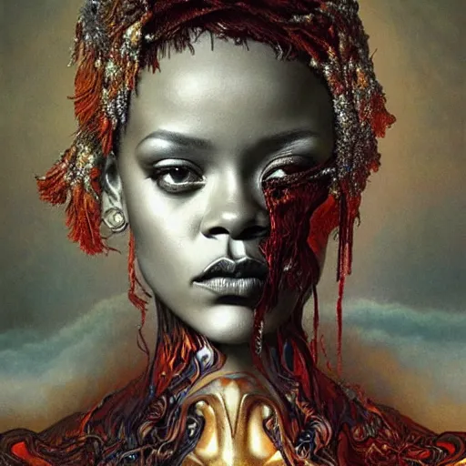 Image similar to rihanna by zdzisław beksinski, iris van herpen, raymond swanland and alphonse mucha. highly detailed, hyper - real, beautiful