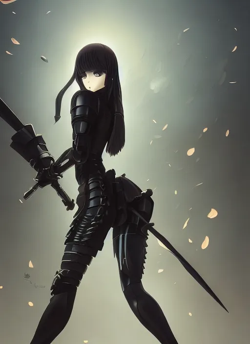 Image similar to detailed, sharp, full body portrait of a female crusader in black armor by Ilya Kuvshinov and Anna Dittmann and studio ghibli and WLOP and Rossdraws, digital art, surreal, trending on artstation, anime arts, featured on Pixiv, blue lighting, HD, 8K, highly detailed, good lighting, beautiful, epic, masterpiece