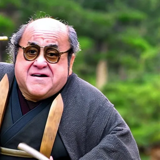 Image similar to cinematic shot of Danny Devito wearing samurai armor and holding a katana in a japanese village, 8k, highly intricate, highly detailed, depth of field, epic,