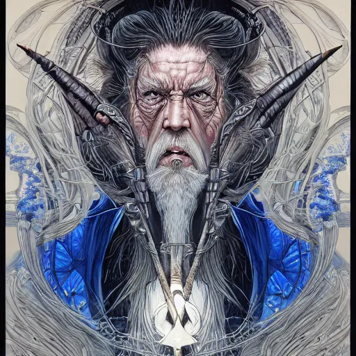 Image similar to portrait of crazy gandalf, symmetrical, by yoichi hatakenaka, masamune shirow, josan gonzales and dan mumford, ayami kojima, takato yamamoto, barclay shaw, karol bak, yukito kishiro