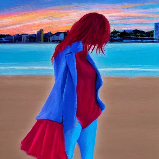 Prompt: lonely young woman with red hair magenta coat and light blue pants wandering a beach at sunset, stylized oil painting, warm lighting, city skyline in background, swimming pool in foreground