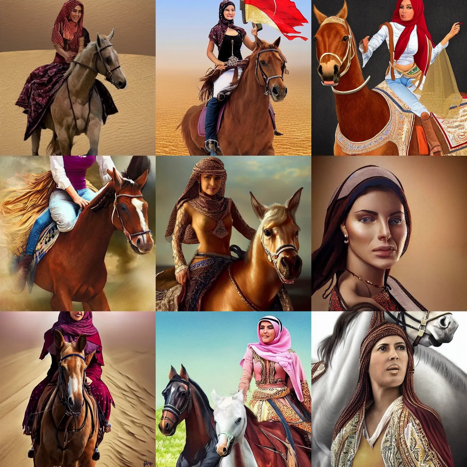 Prompt: hyperrealistic pictures from middle eastern woman ride horse, super highly detail