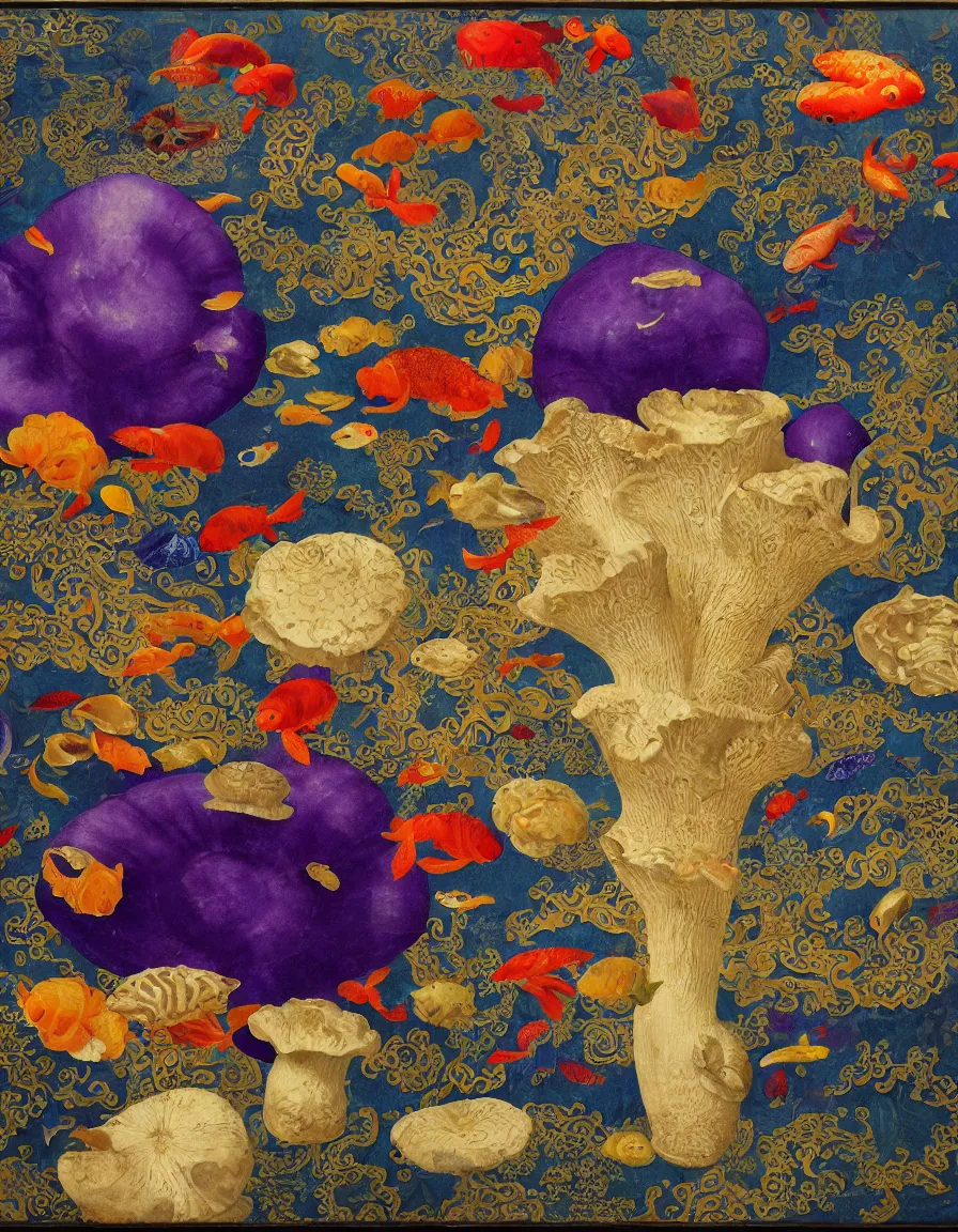 Prompt: vase of mushroom in the sky and under the sea decorated with a dense field of stylized scrolls that have opaque purple outlines, with colorful shells and koi fishes, ambrosius benson, oil on canvas, hyperrealism, light color, no hard shadow, around the edges there are no objects